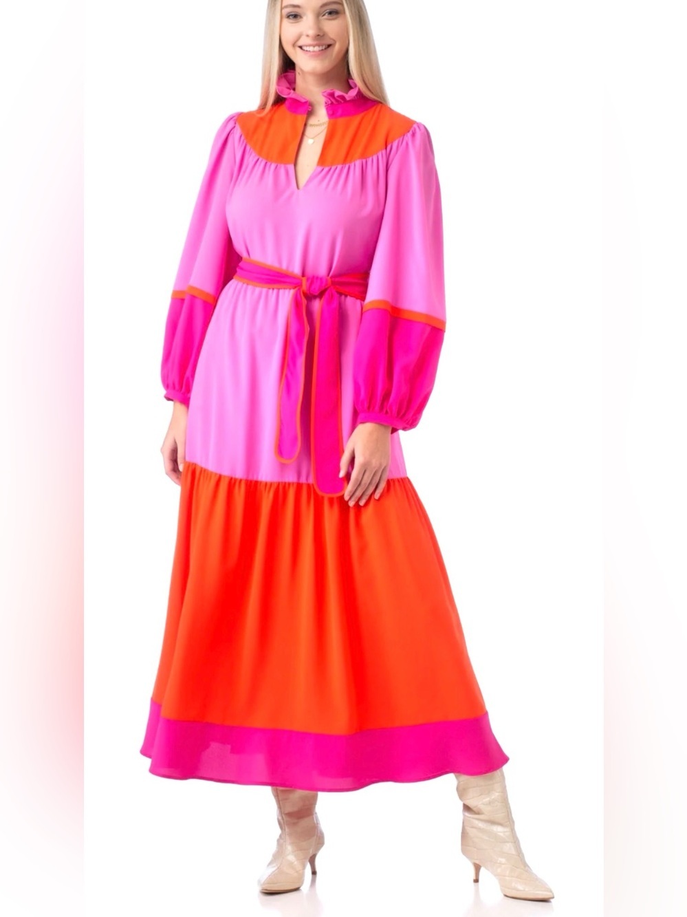 Crosby by Mollie Burch Colorblock Maxi Dress Pink Orange Belted M